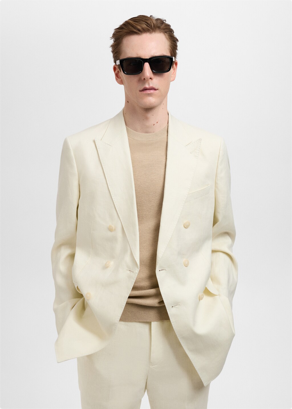 100% linen slim-fit double-breasted suit jacket - Ivory White