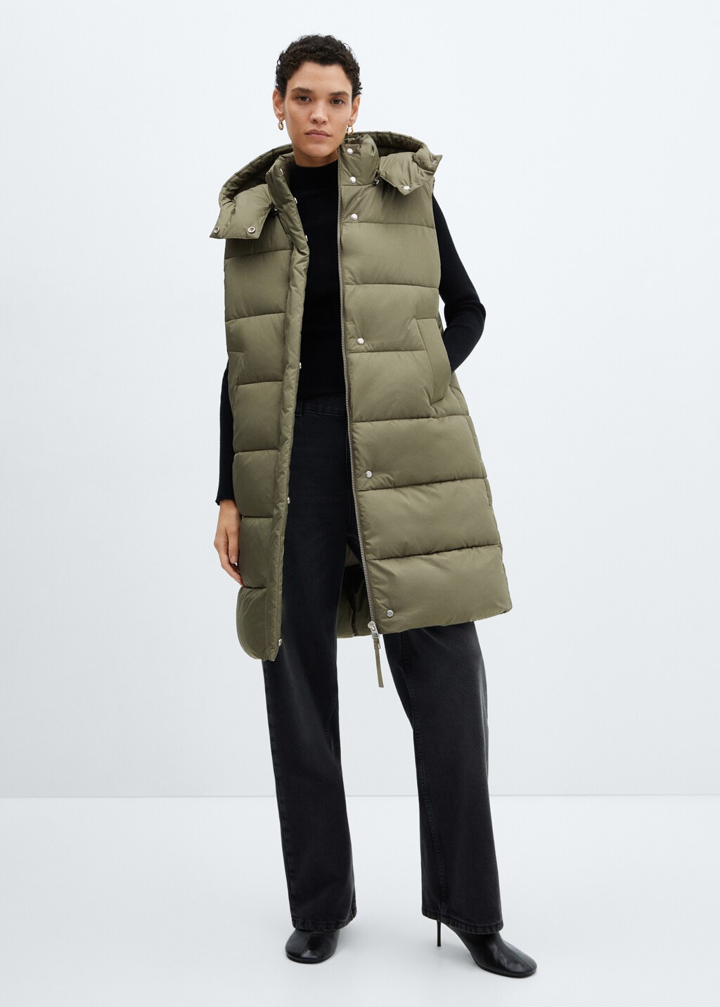 Quilted gilet with hood - Khaki