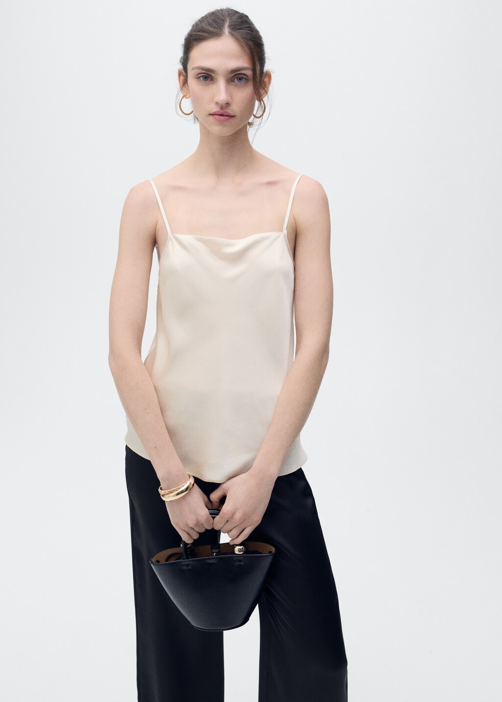 Satin top with draped neckline - Ecru