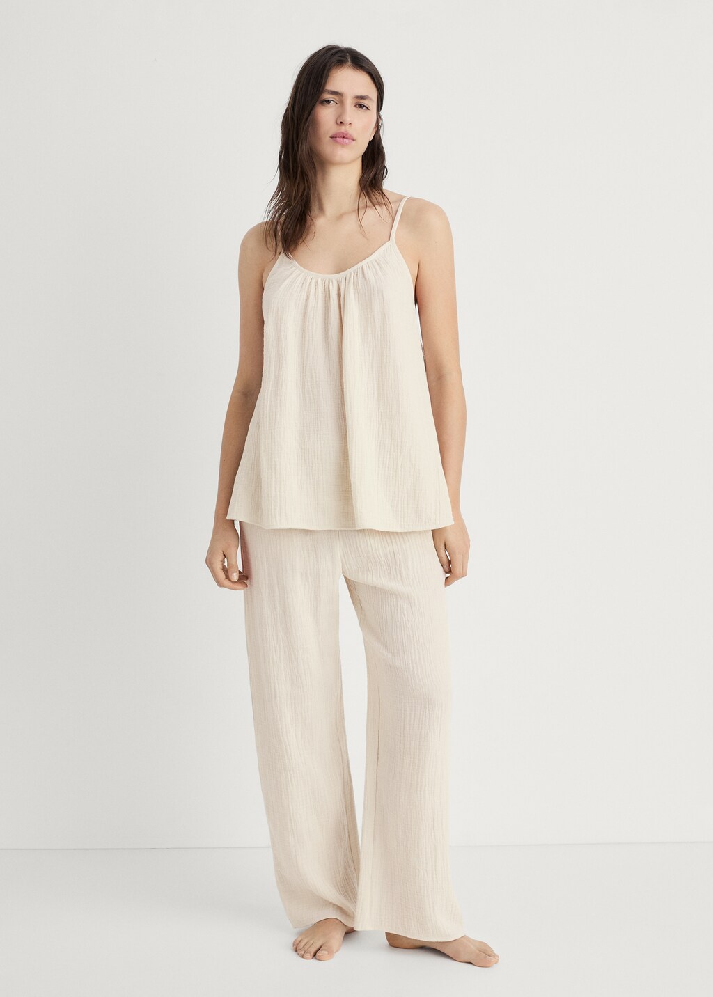 Plain cotton spaghetti-strap pyjama top - White