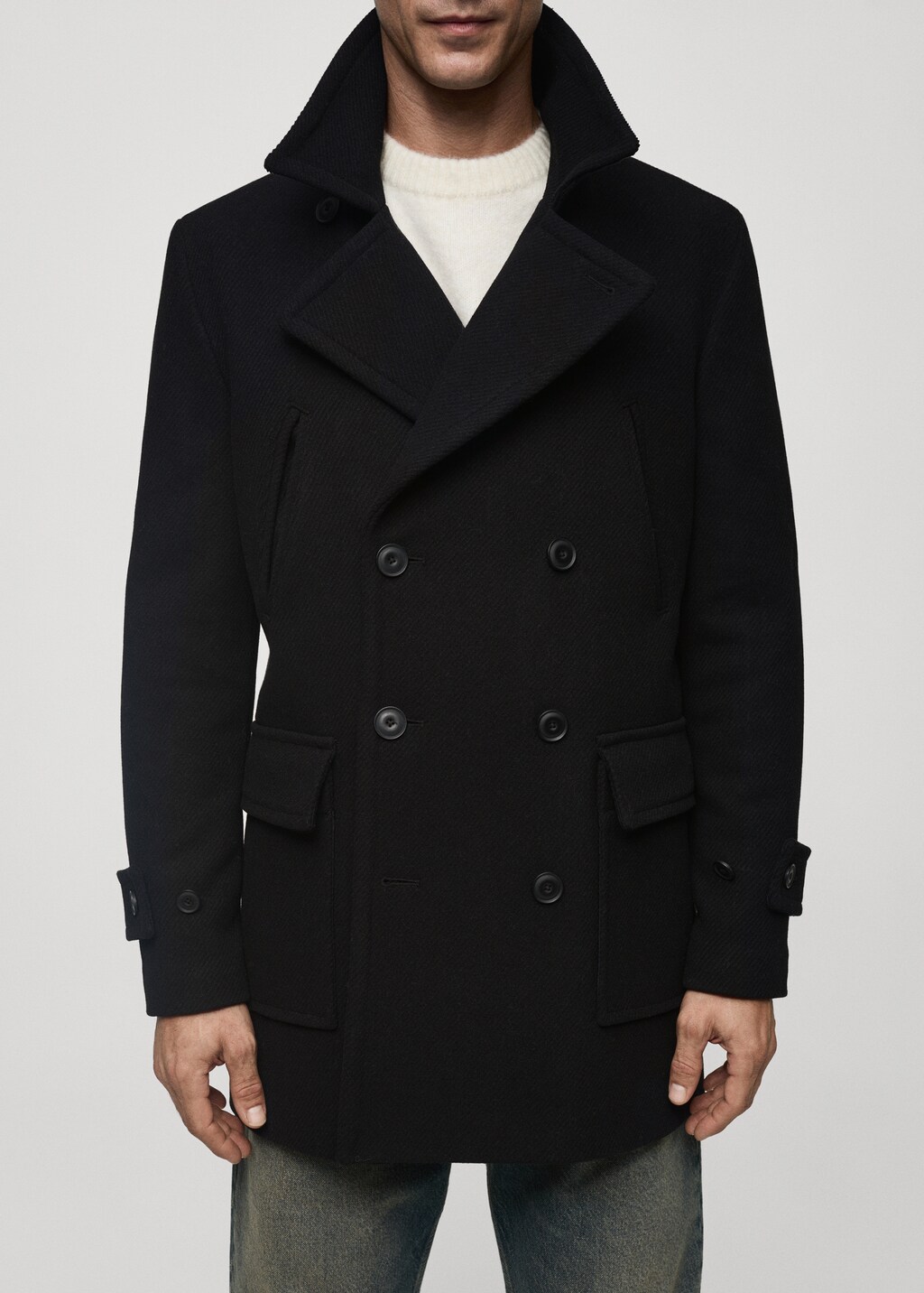Recycled wool double-breasted coat - Black