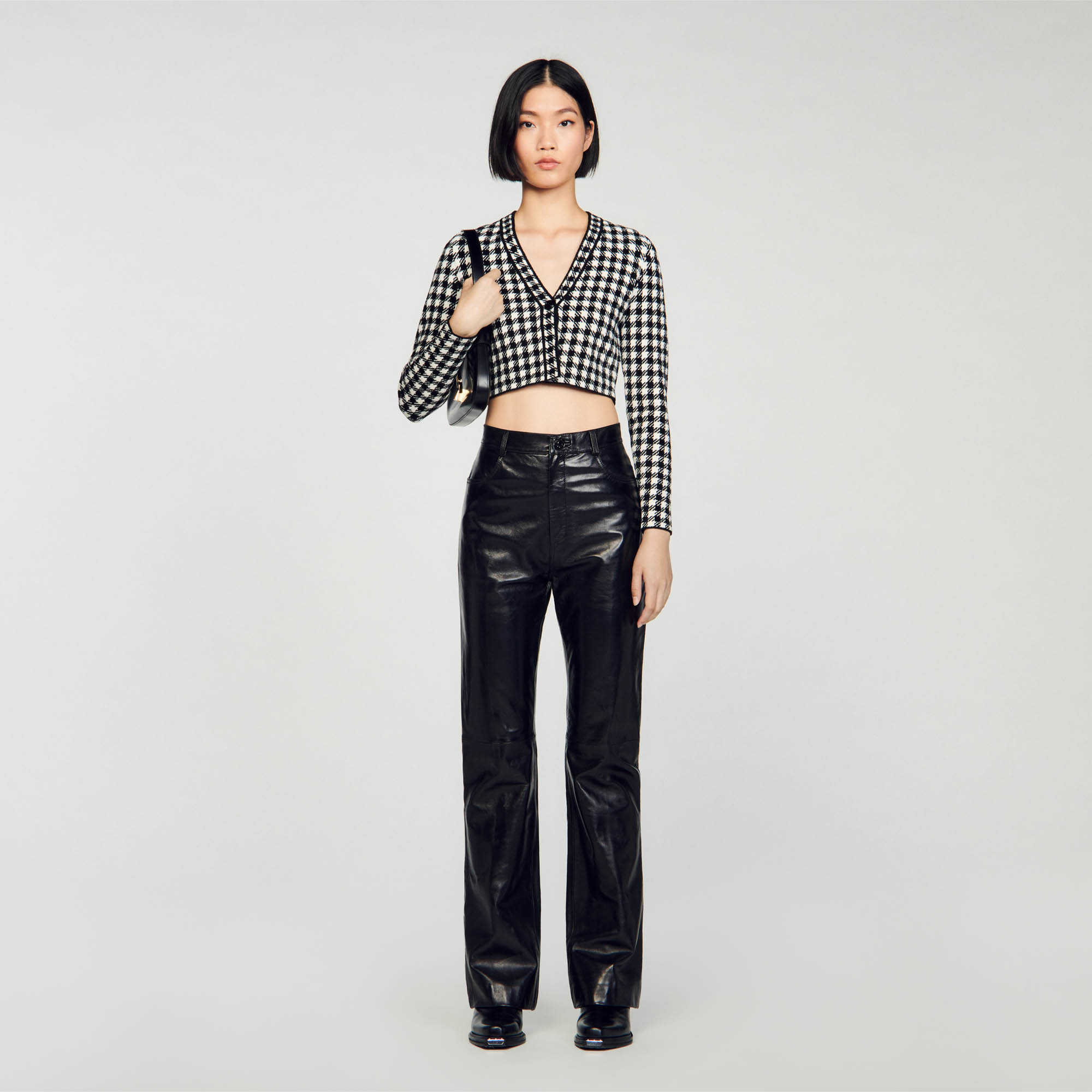 Cropped gingham knit cardigan