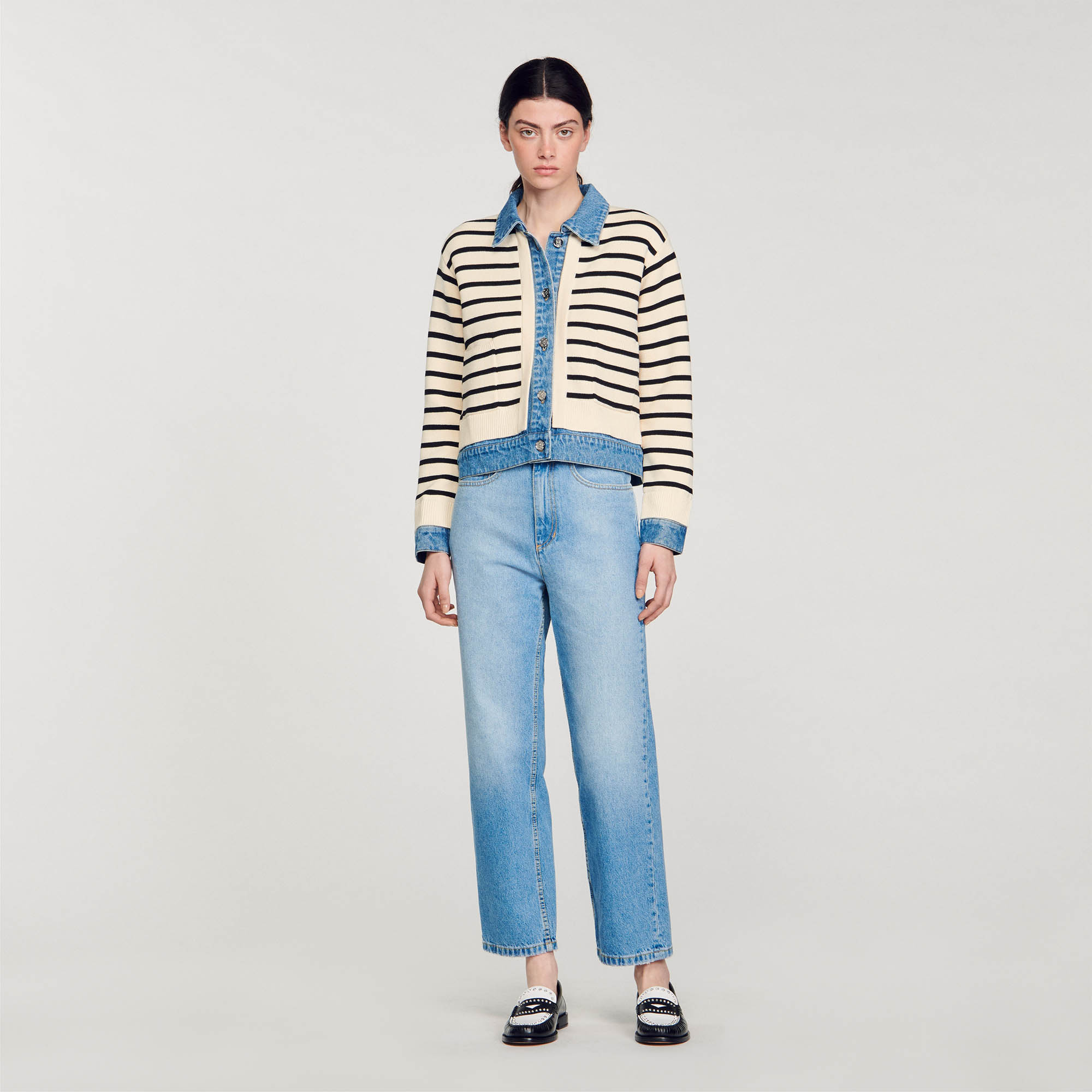 Stripy knit and denim coatigan