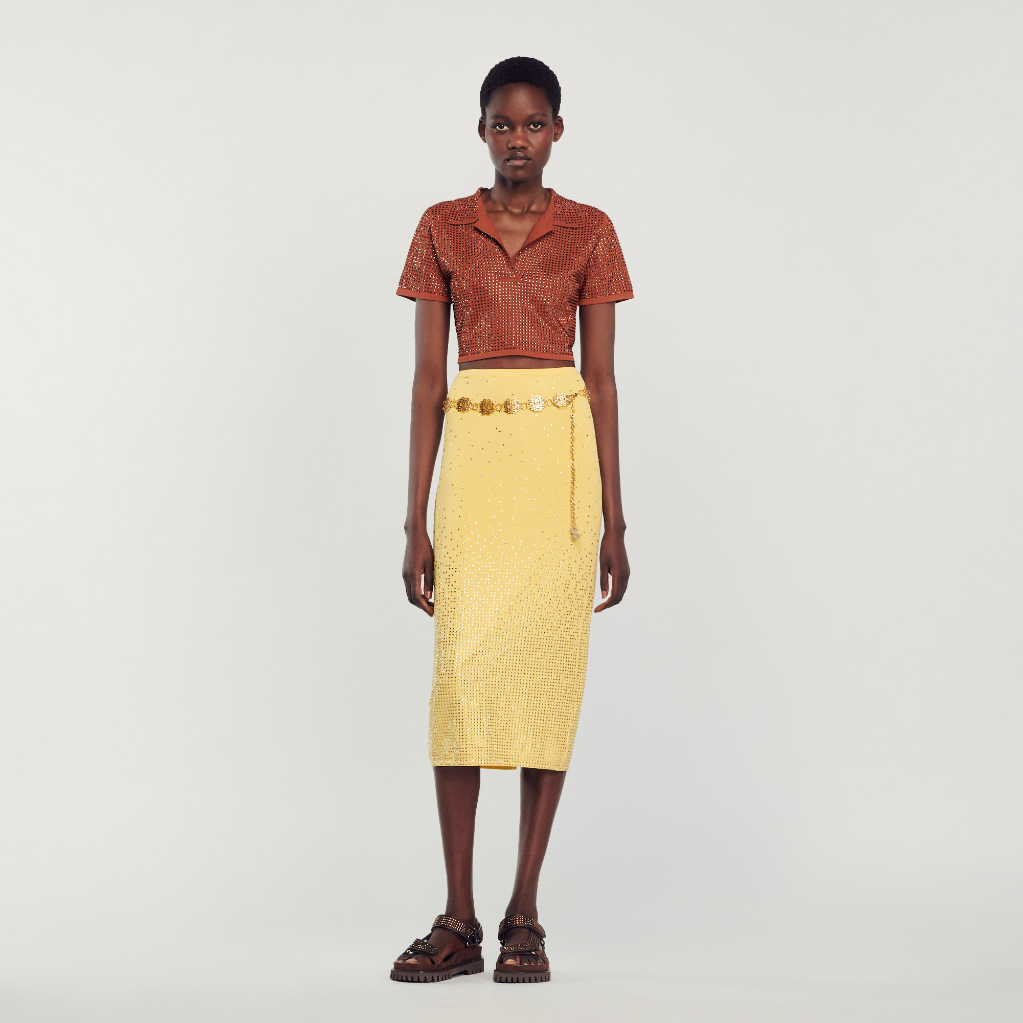Rhinestone-embellished midi skirt