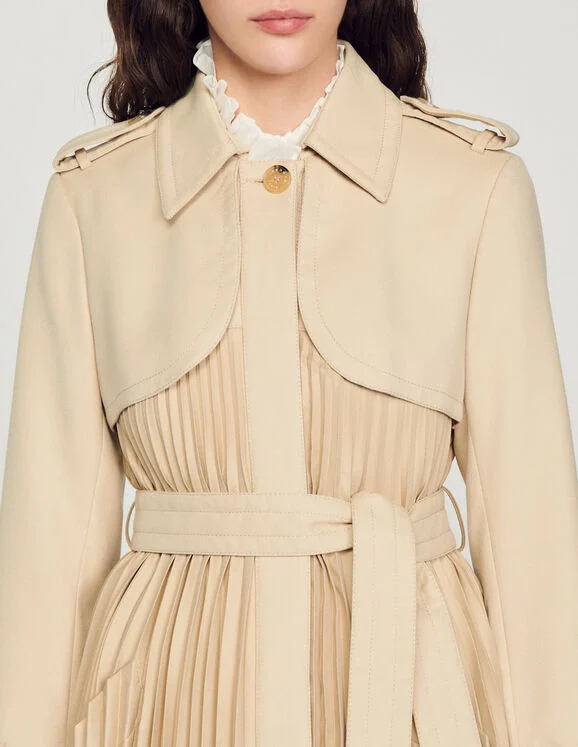 Pleated trench coat with belt
