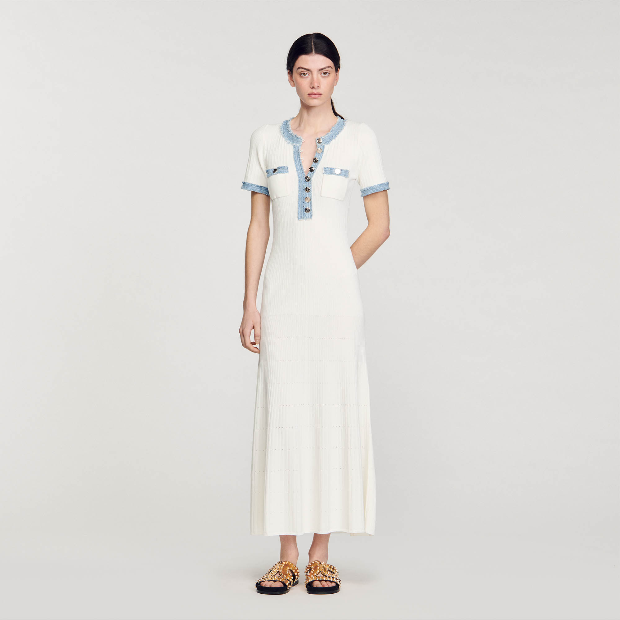 Knit and denim midi dress