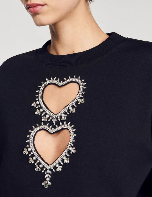 Sweatshirt with rhinestone hearts