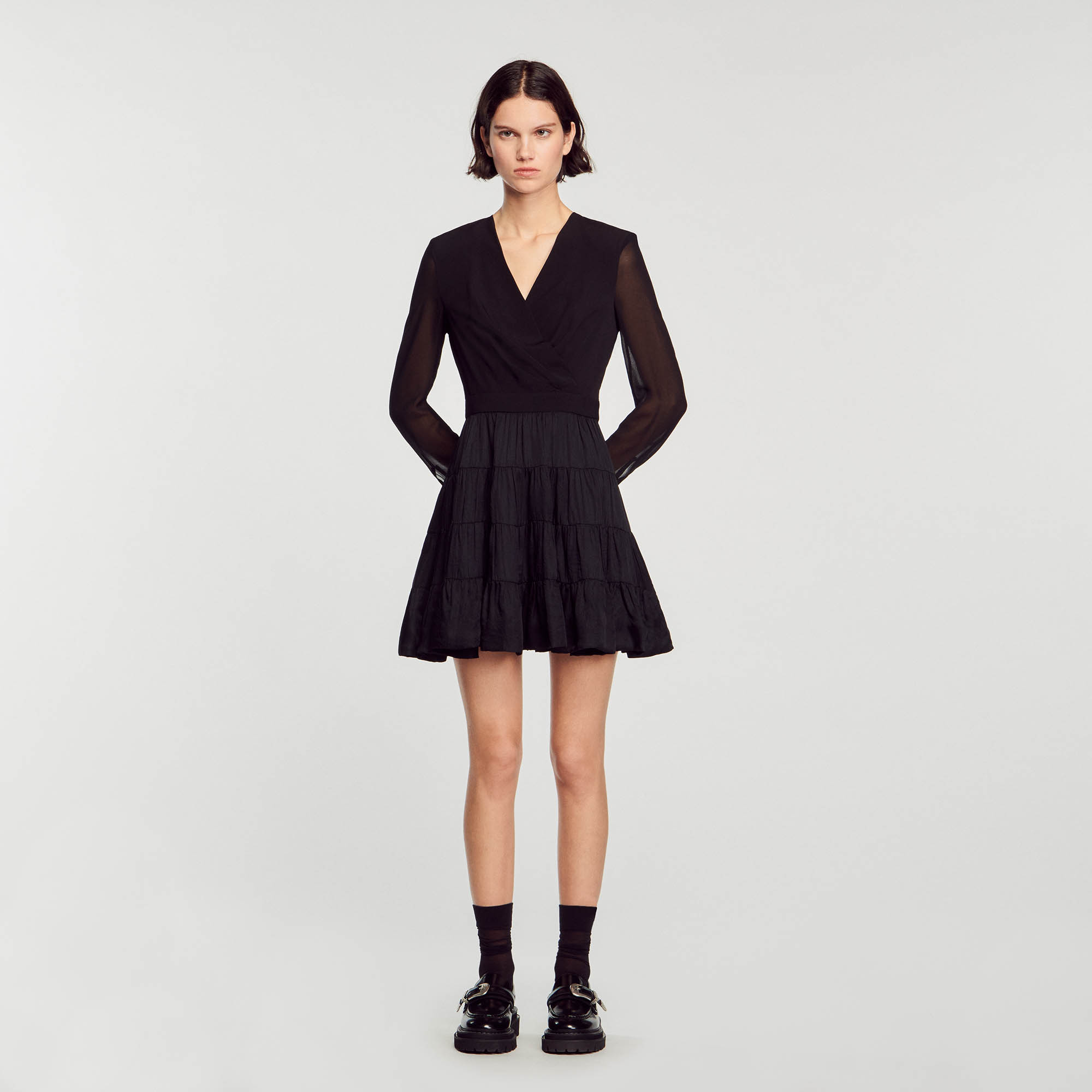 Short flowing dual-fabric dress