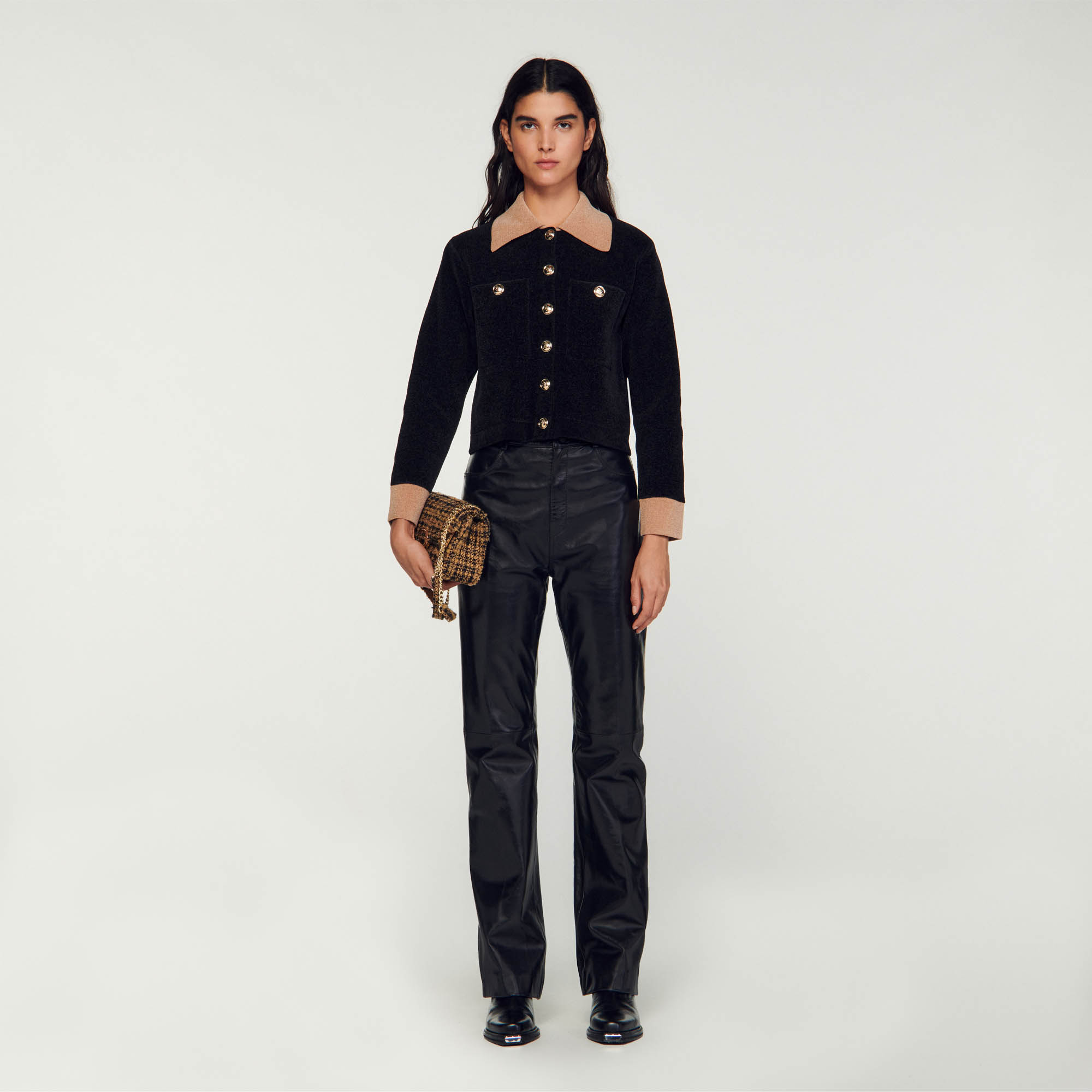 Cropped velour knit coatigan
