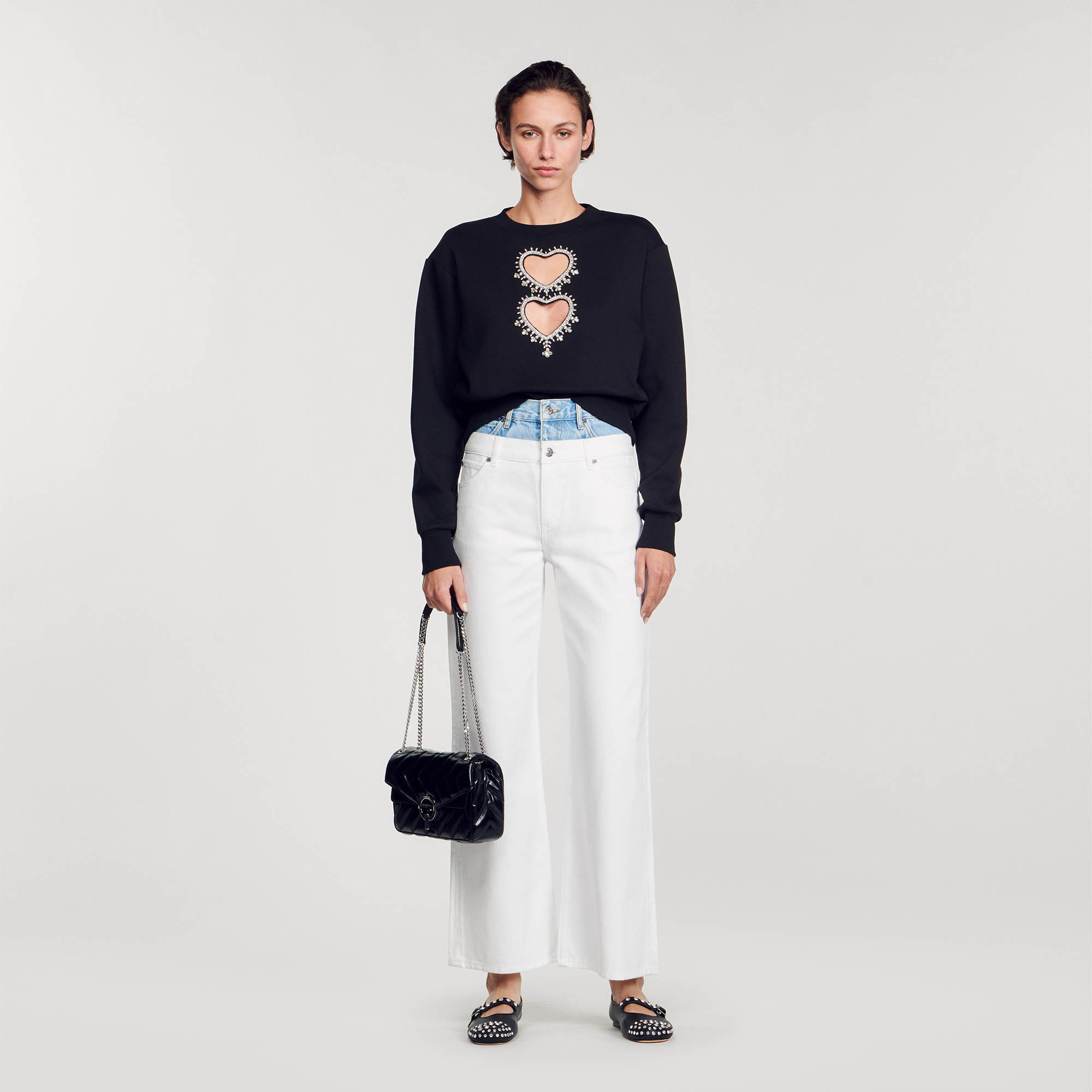 Sweatshirt with rhinestone hearts