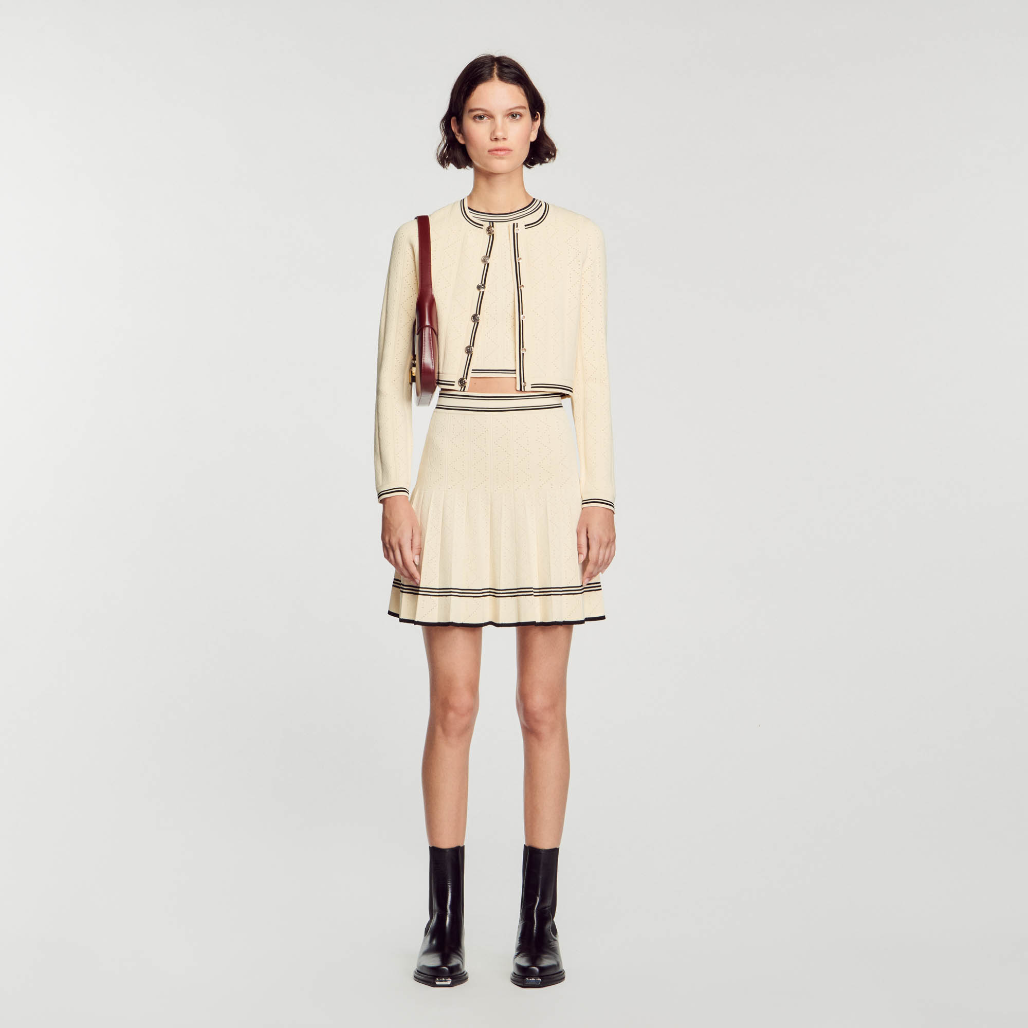 Cropped pointelle knit cardigan