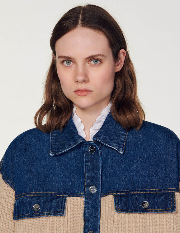 Knit and denim cardicoat