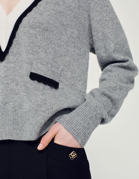 Sweater with contrasting deep V-neck