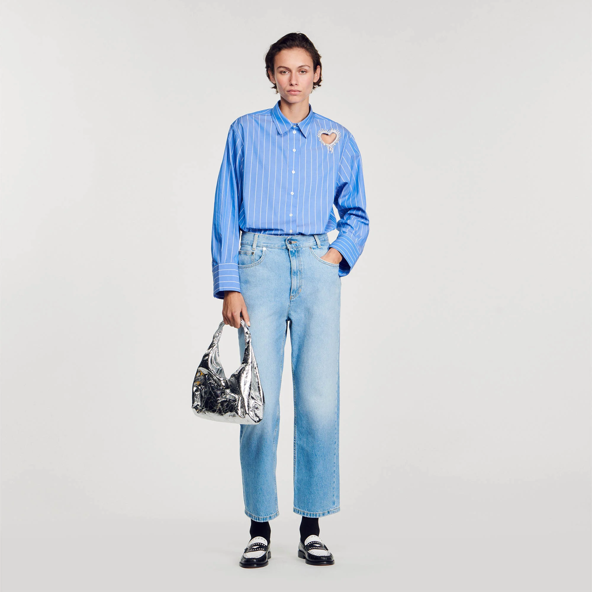 Stripy shirt with rhinestone heart