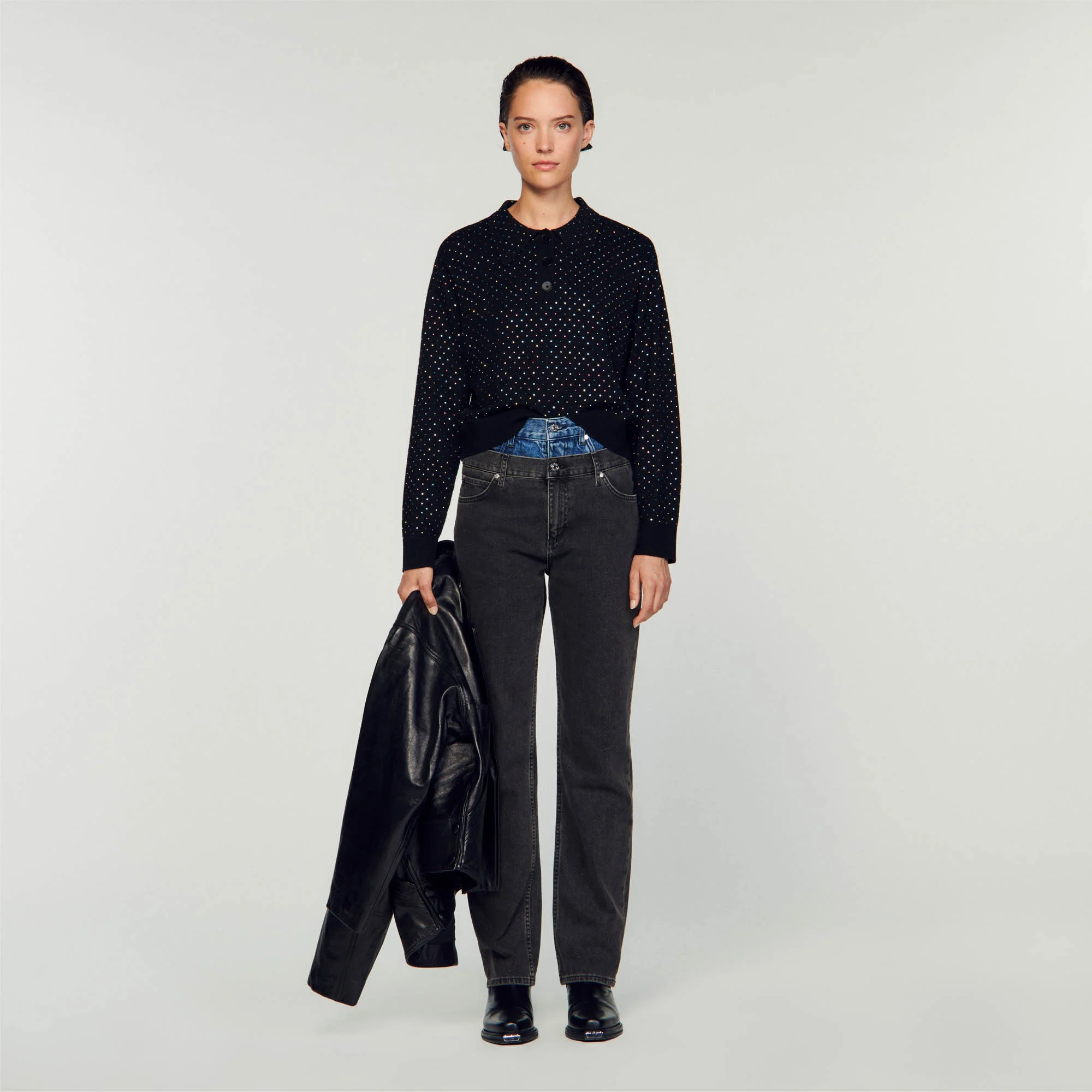 Rhinestone polo neck sweater