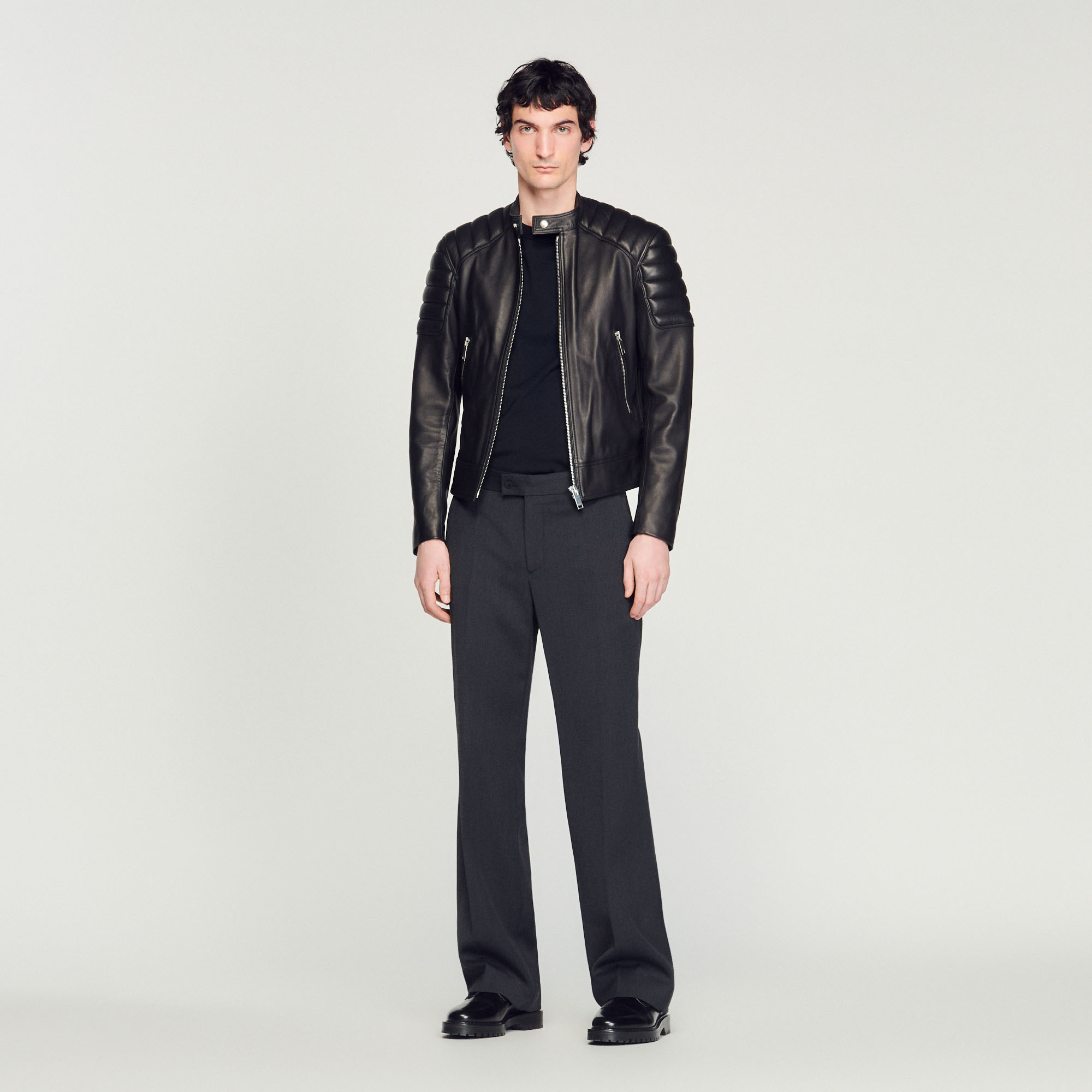 Leather jacket with quilted trims