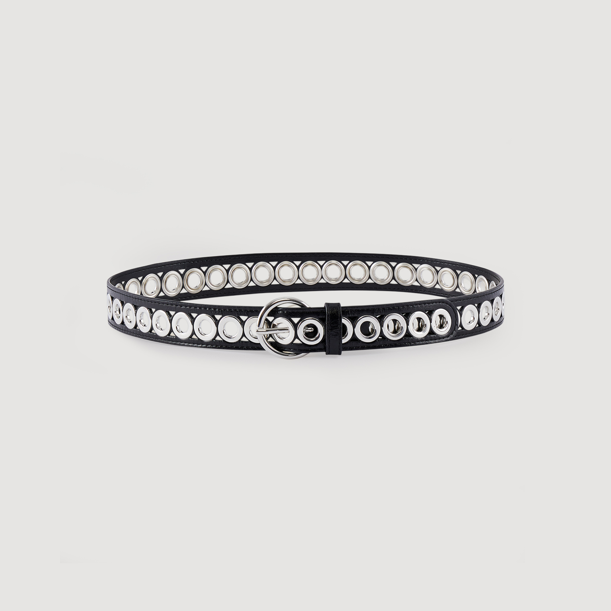 Belt with round buckle and eyelets