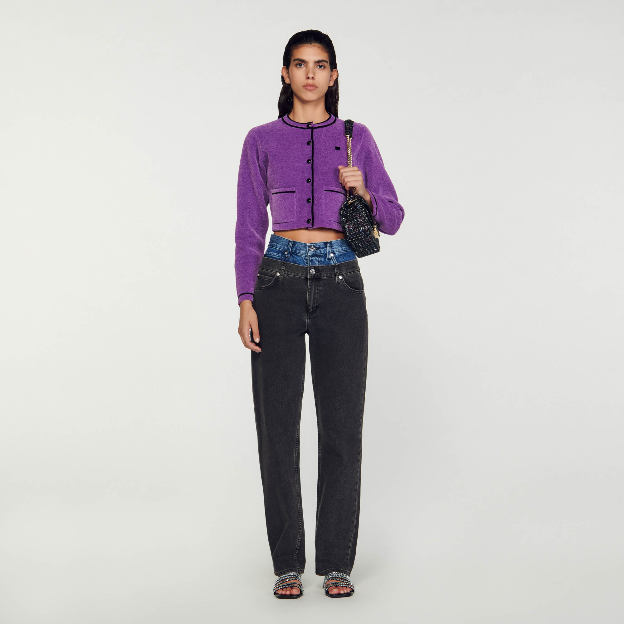 Velvet-effect cropped coatigan