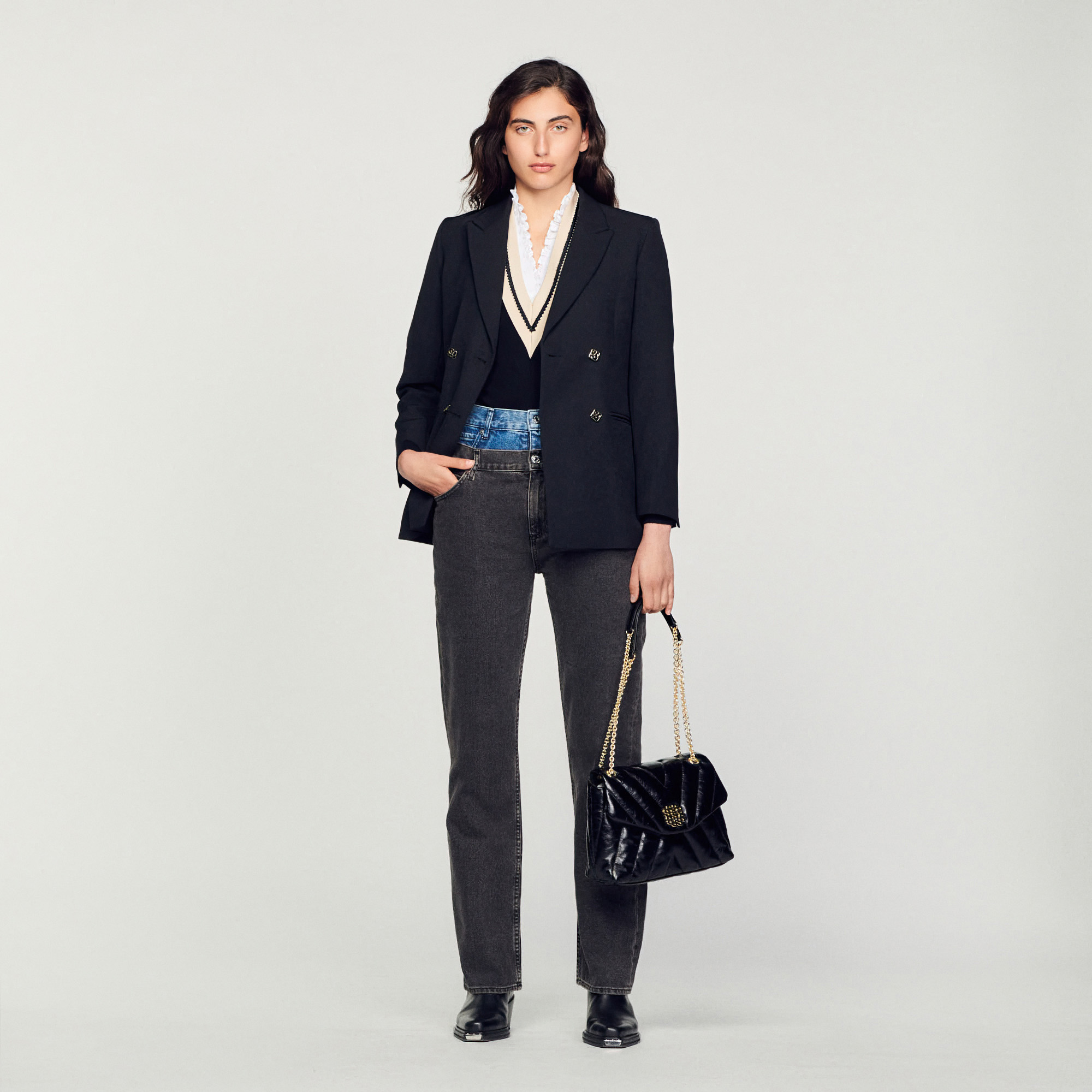 Two-tone double-waisted jeans