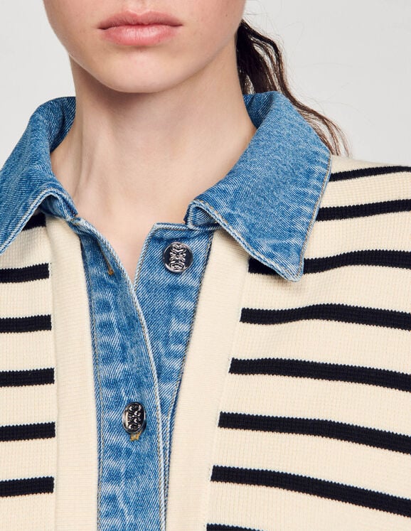 Stripy knit and denim coatigan