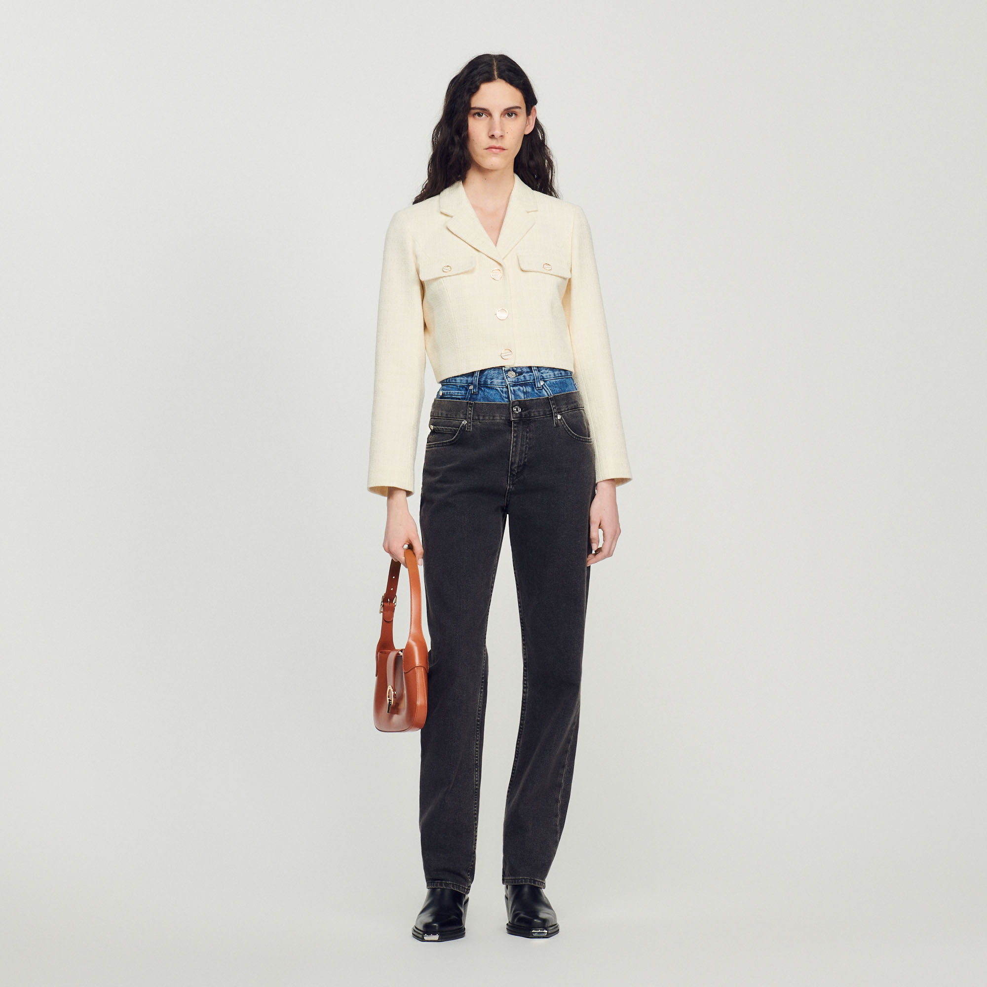 Cropped tweed button-up jacket