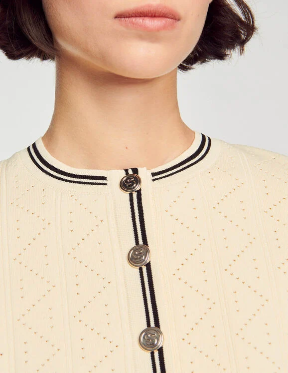 Cropped pointelle knit cardigan