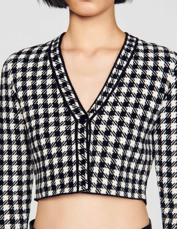 Cropped gingham knit cardigan