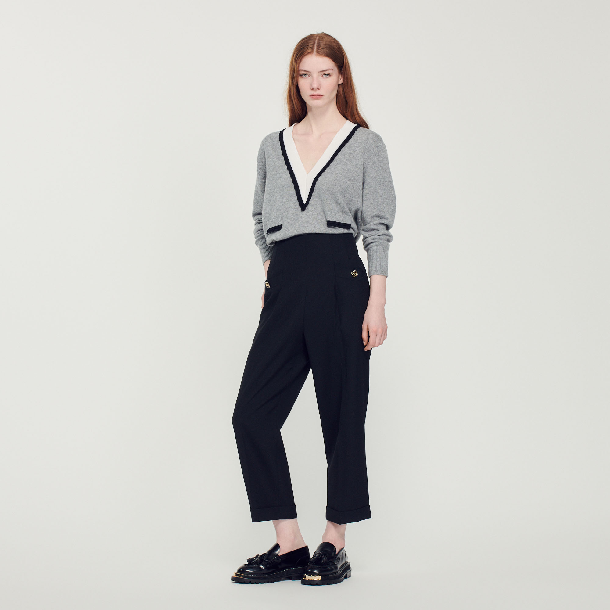 Sweater with contrasting deep V-neck