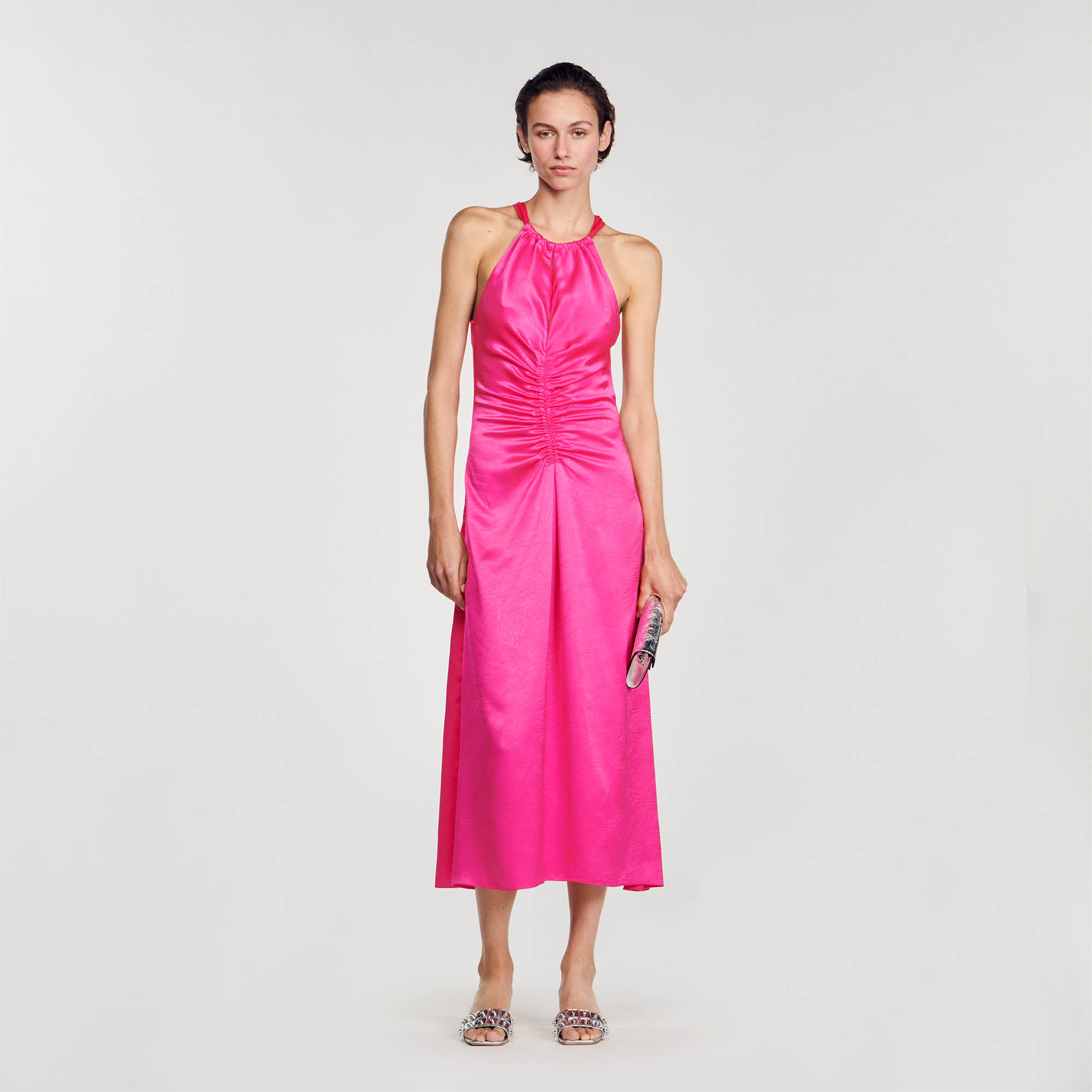 Ruched satin-effect maxi dress