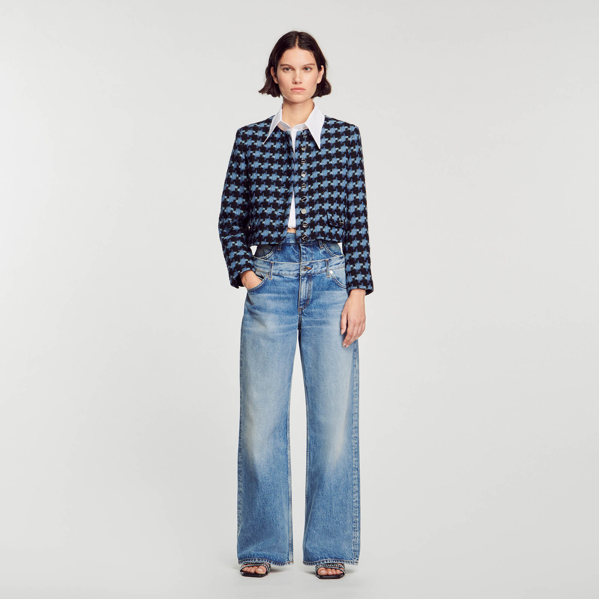 Cropped houndstooth tweed jacket