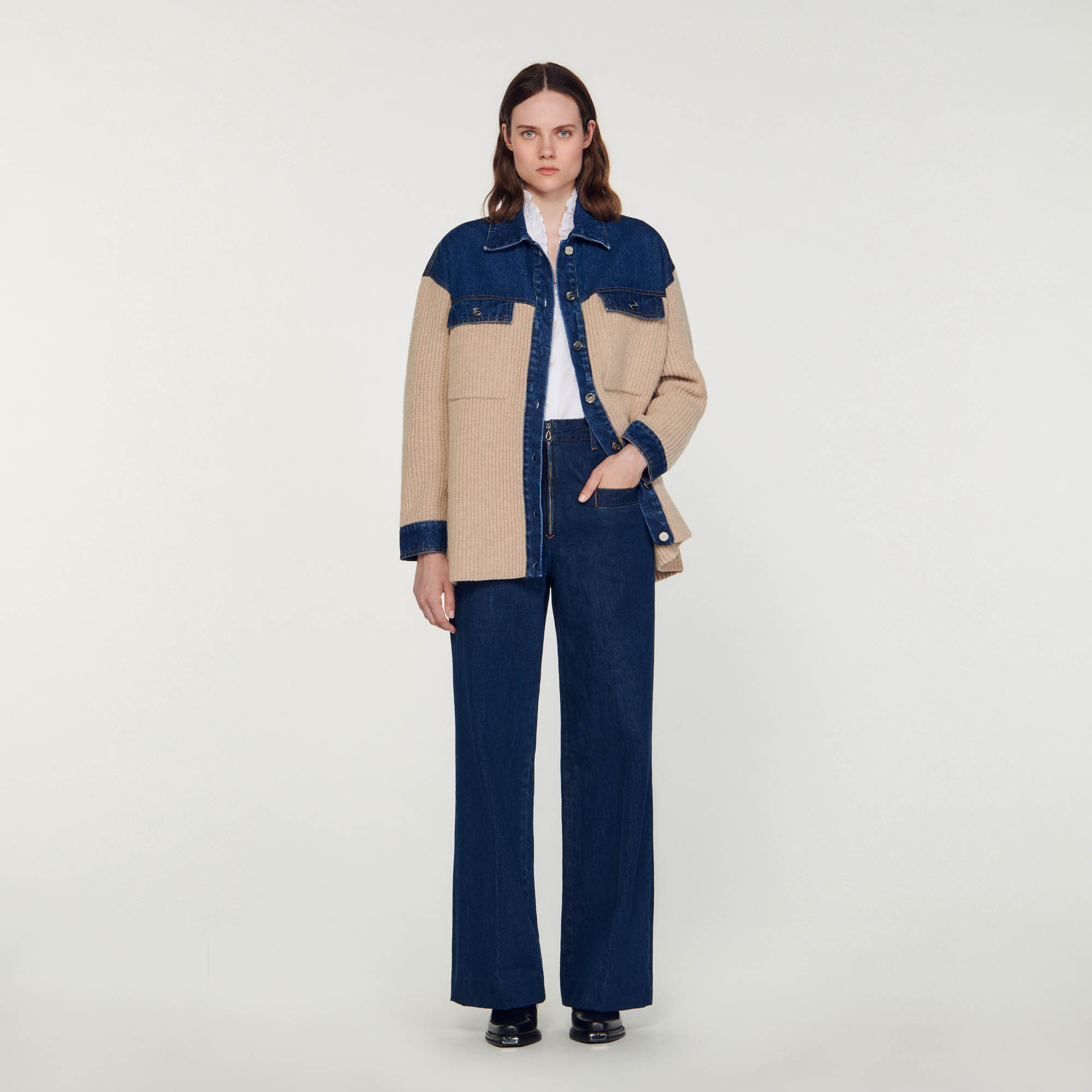 Knit and denim cardicoat