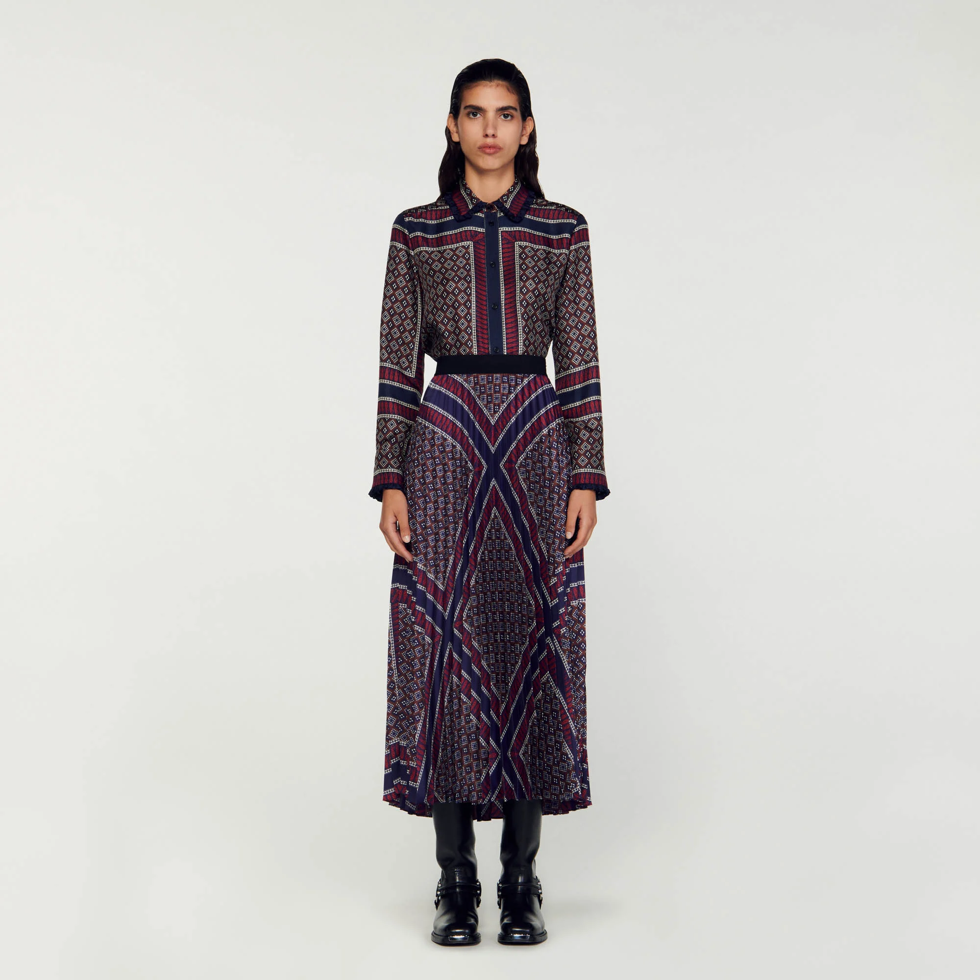 Printed pleated long skirt
