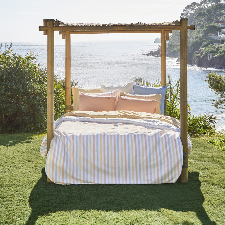 Housse de couette réversible lin et coton lavé Tempos sorbet rayé