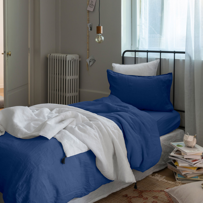 Housse de couette enfant lin et coton lavé Songe bleu de chine