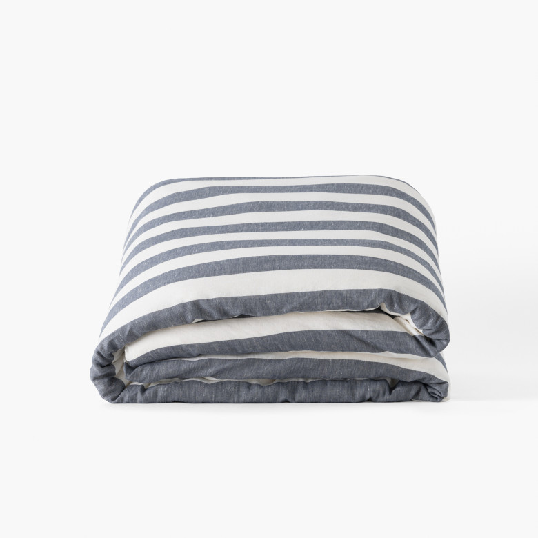 Housse de couette réversible lin et coton lavé Tempos marine rayé