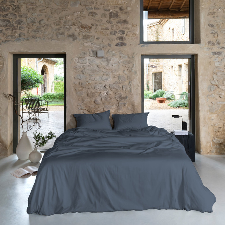 Housse de couette satin de coton lavé bio Quartz bleu orage
