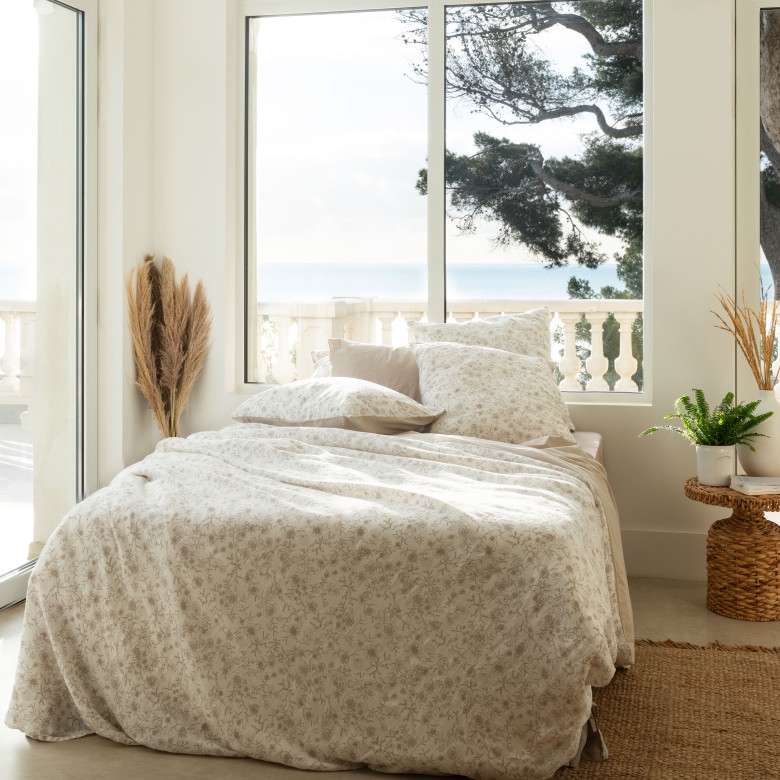 Housse de couette lin et coton lavé Songe grège floral