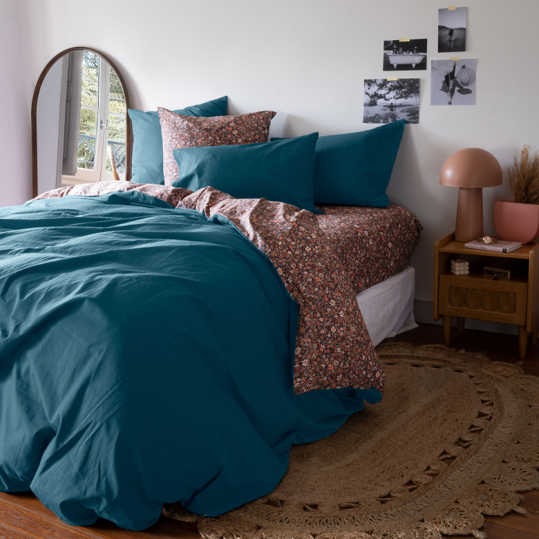 Housse de couette percale de coton Neo Bleu Prusse Floral