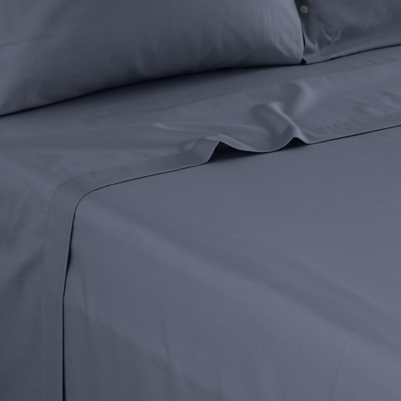 Drap de lit satin de coton lavé bio Quartz bleu orage