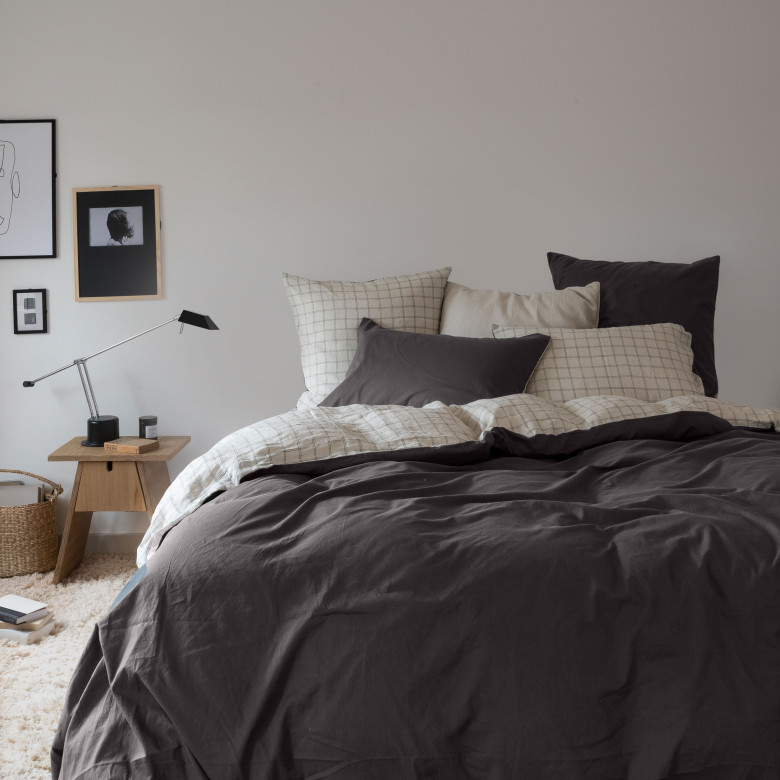 Housse de couette lin et coton lavé Songe charbon carreaux