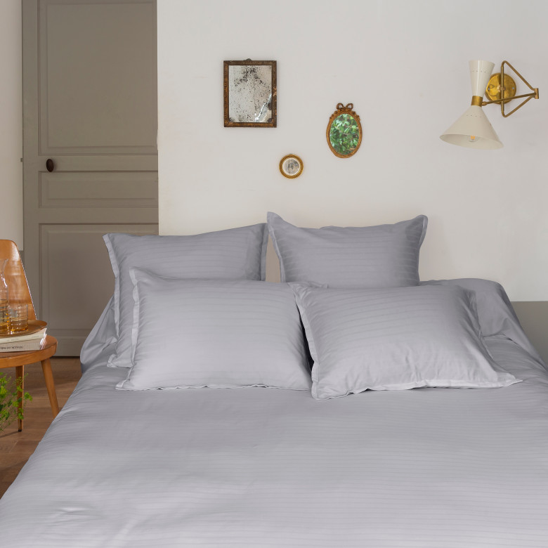 Housse de couette satin de coton jacquard pois et rayures Prestige tourterelle