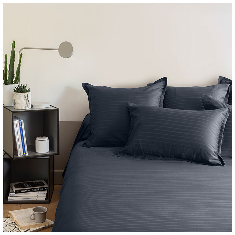 Housse de couette satin de coton jacquard pois et rayures Prestige bleu nuit
