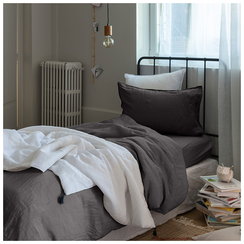 Housse de couette enfant lin et coton lavé Songe charbon