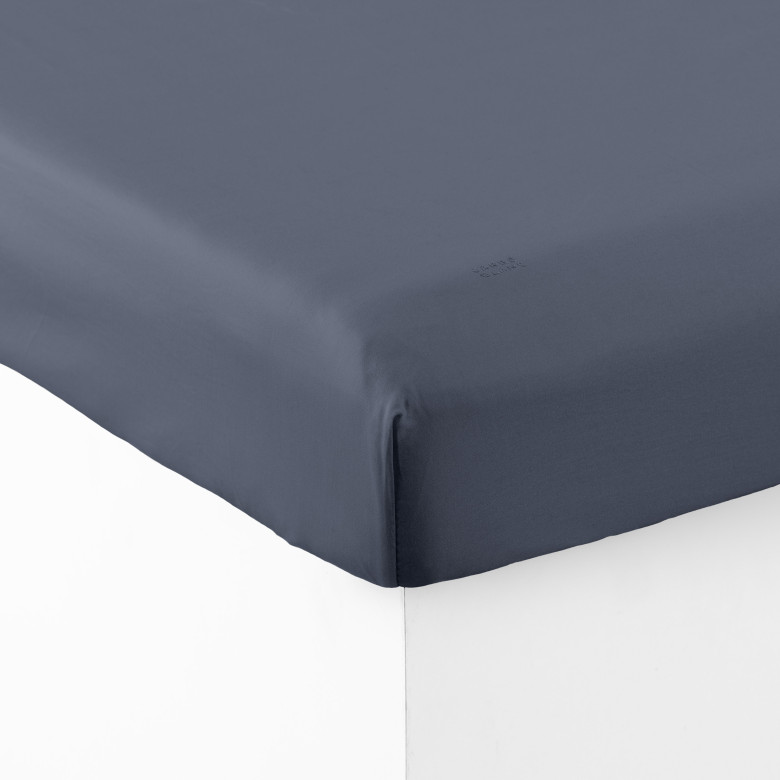 Drap housse satin de coton lavé bio Quartz bleu orage