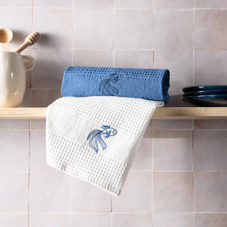 Torchon coton nid d'abeille Halfmoon blanc