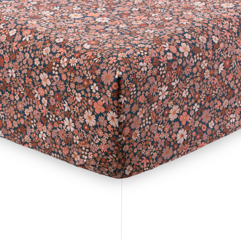 Drap housse percale de coton Neo bleu prusse floral