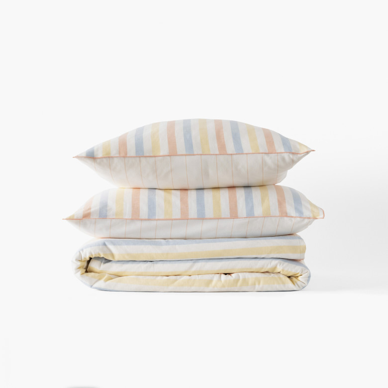 Housse de couette réversible lin et coton lavé Tempos sorbet rayé