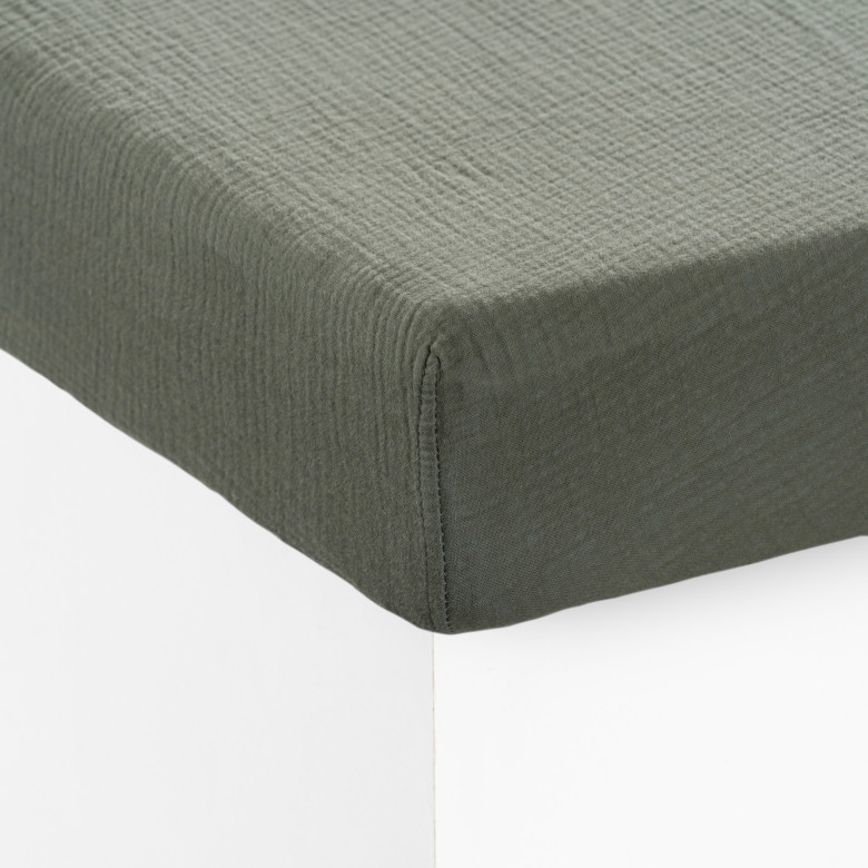 Drap housse gaze de coton Infini kaki et céladon