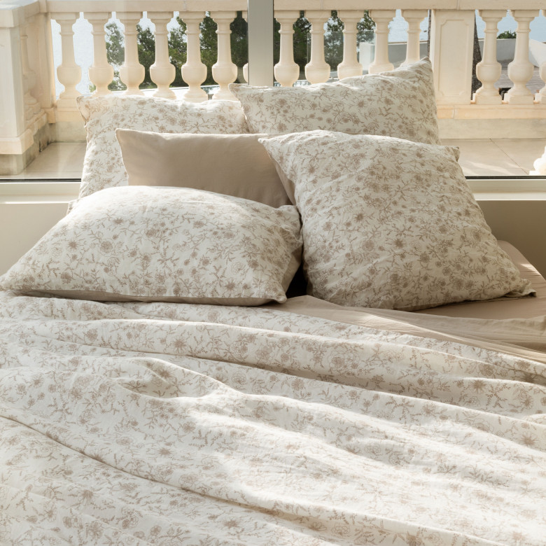 Housse de couette lin et coton lavé Songe grège floral