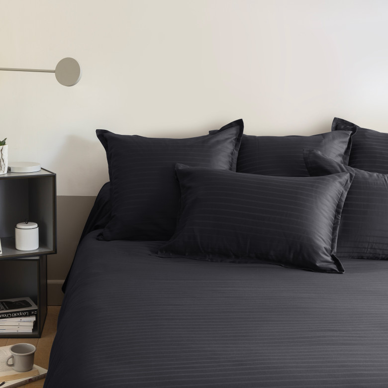 Housse de couette satin de coton jacquard pois et rayures Prestige noir